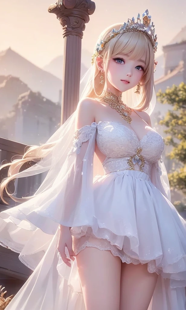 (8k extremely detailed CG unit wallpaper),(best qualtiy),(Best Illustrations),(Best Shadow), (detail: 1.4), 。.。.。.。.。.。.。.3D, nffsw(High dynamic range), light tracing, NVIDIA RTX, Hyper-Resolution, Sub-surface scattering, PBR Texture, Post-processing, Anisotropy Filtering, depthoffield, Maximum sharpness and acutance, Multilayer Texture, Albedo e mapas Speculares, Surface Coloring, Accurate simulation of light-material interactions, Perfectly proportioned, octane renderings, Two-tone illumination, Wide aperture , Low ISO,White Balance,trichotomy,8K Raw,intricate-detail, delicate patterns, deep-shadows, masterpiece, Lifelike, Roughness, A hyper-realistic, photographed in a Canon EOS R5, 50mm Lens, F/2.8, Sharp Focus, Smoothing, Roughness, Real life, photorealistc, Cinematography, 8K UHD,in flower field,Blue Flower Girl,1 girl,solo,European,Beautiful bride,lightsmile,Highly detailed blonde hair,maturefemale,violet and gold Gossamer Veil,violet and gold gossamer cloak,violet and gold Gossamer coat,violet and gold gossamer skirt,violet and gold lace underwear,violet and gold Lace,violet and gold Gossamer Gloves,earrings,jewely,trinkets,Head dress,Hand ornaments,leg ornaments,high-heels,small breast , mini breasts,little boob,nice breasts,small breasts,nice breasts,Expose your breasts,uncovered breasts,Narrow waist,Bare ass,ass large,Bare belly,Bare navel,Wet,Wet body,sweating body,Shiny skin,