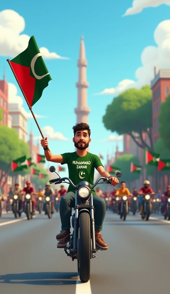 One boy 18 years old sitting on car bonnet.
Car decorated 14 August and pakistan flag.
There are many building in
Background
