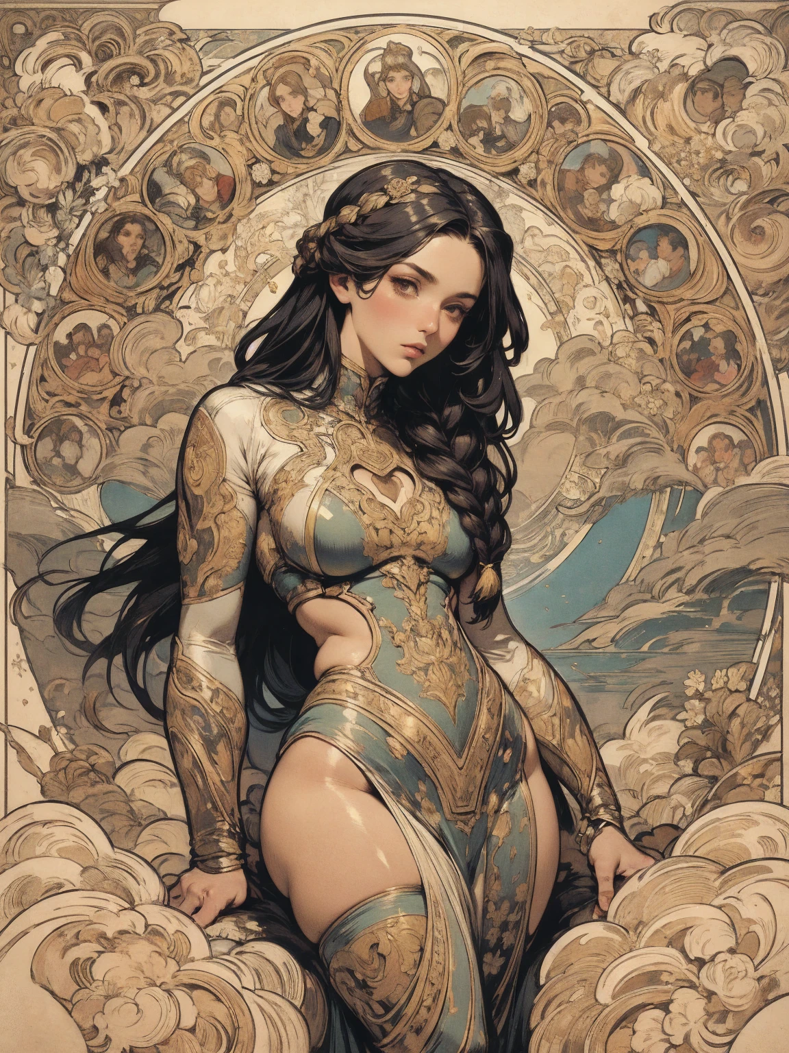 penelope cruz、Sticking out the navel、newyork、She wears a torn Spider-Man suit,wearing skirt、abstract photorealistic、artistic、Alphonse Mucha's painting(masterpiece、top-quality、hight resolution:1.4)、detaileds、intricate-detail、4K、color splashes、line-drawing、Fibonacci、
