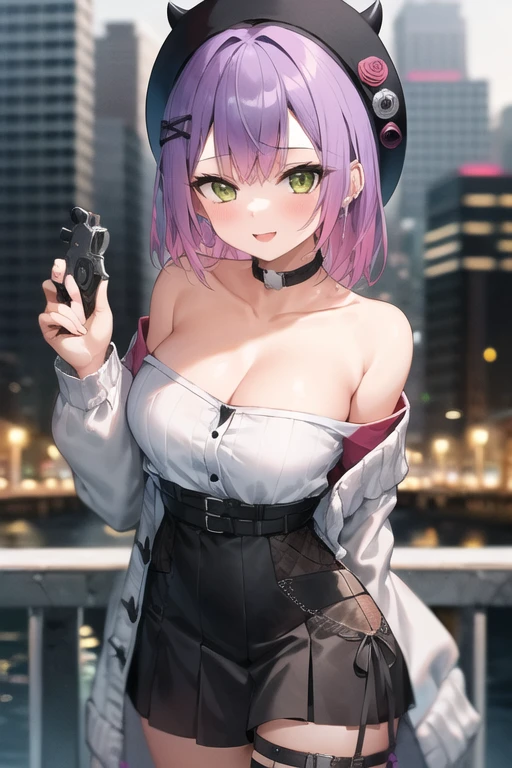 Purple short hair, plump youthful face, black police cap, red tie, purple tight low-cut dress, purple long gloves, black leather boots, strapless thighs, big breasts, blue eyes, anime style, stone prison.