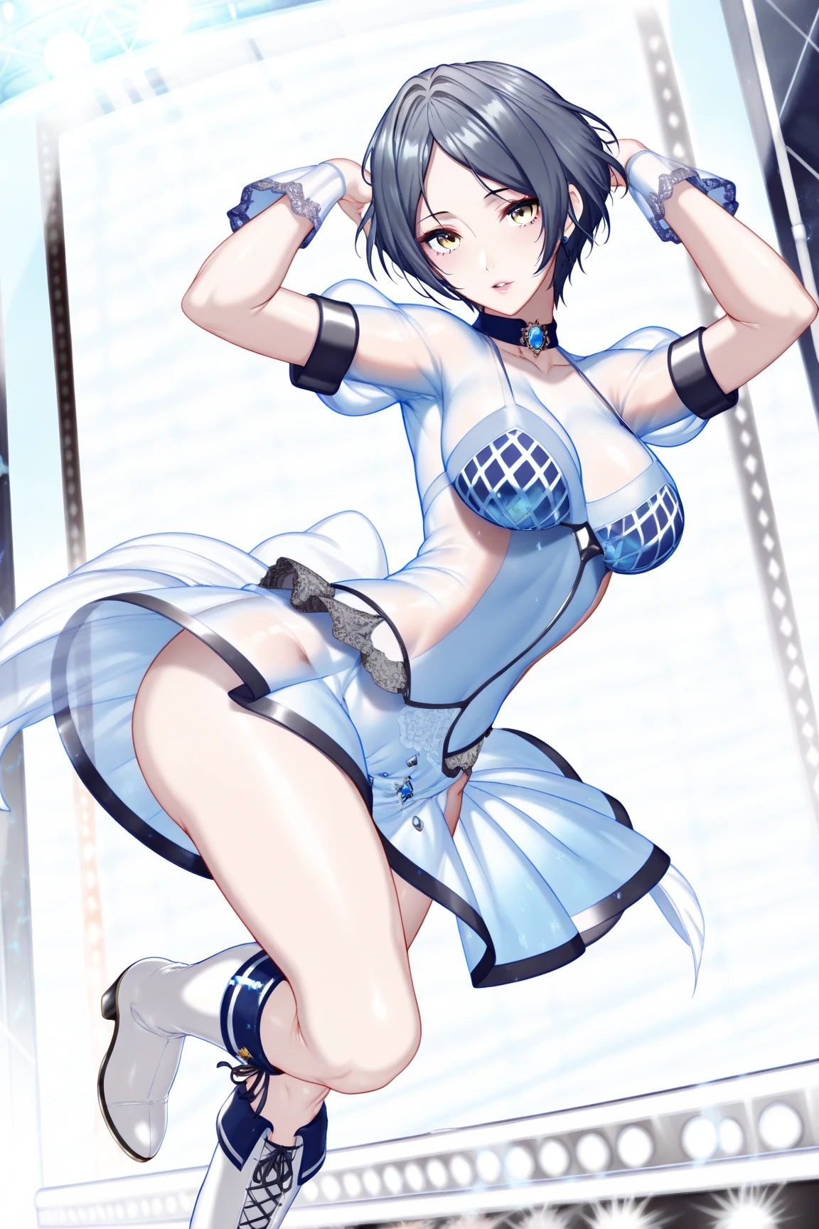 bbmadoka,(mole under eye:0.8),short hair,bangs,hairclip,x hair ornament,earrings,bare shoulders,white jacket,short sleeves,hood,blue leotard,blue shirt,covered navel,sleeveless,miniskirt,skirt,blue skirt,(white thighhighs:1.4),high heel boots,blue footwear