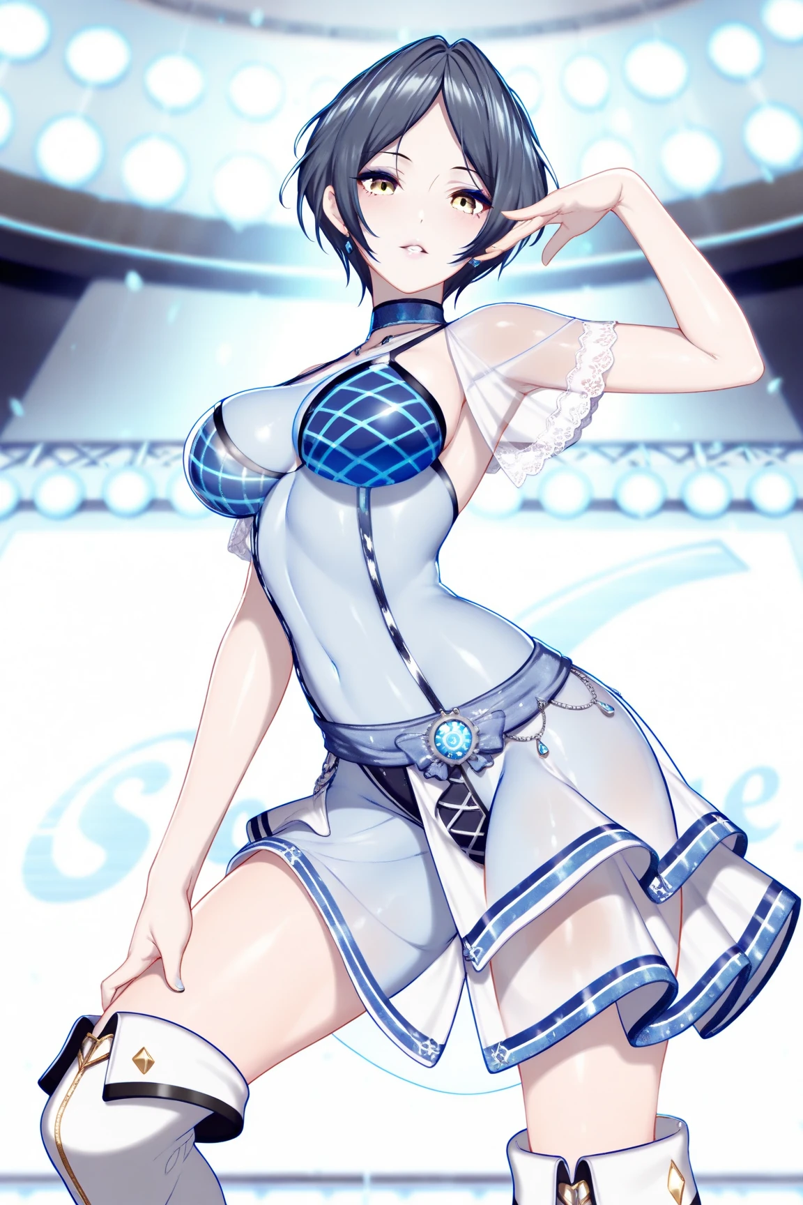 kaito, two-toned hair, blue hair, purple hair, purple eyes, scarf, necklace, , See Through COAT, See Through PANTS,, live stage, large breasts, 1girl, smile, solo. nsfw, nipple