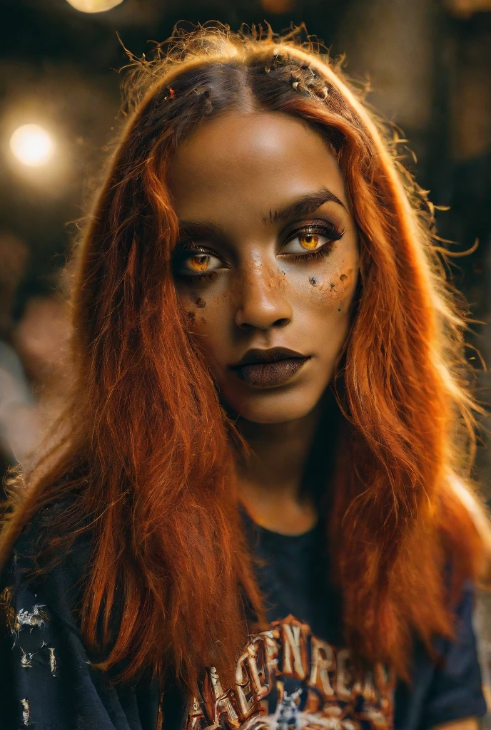 Can I get a beautiful brown skin woman with blonde braids in orange zombie eyes
