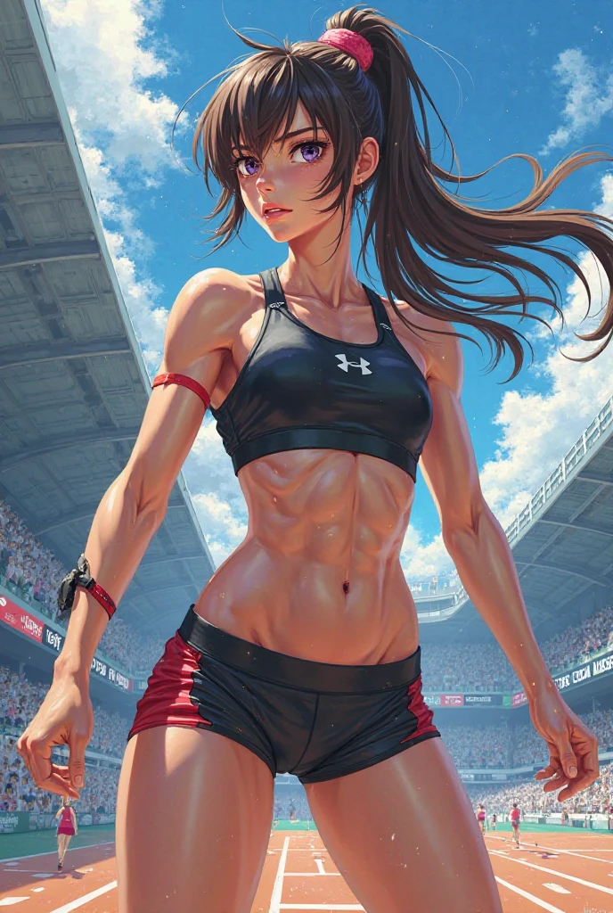 (Digital Painting),(Best Quality), 1girl in,track and field uniform,Charming face,small head,big beatiful eyes,Large breasts,Trained abs,nice legs,wet skins sweat,track and field,dynamic shot