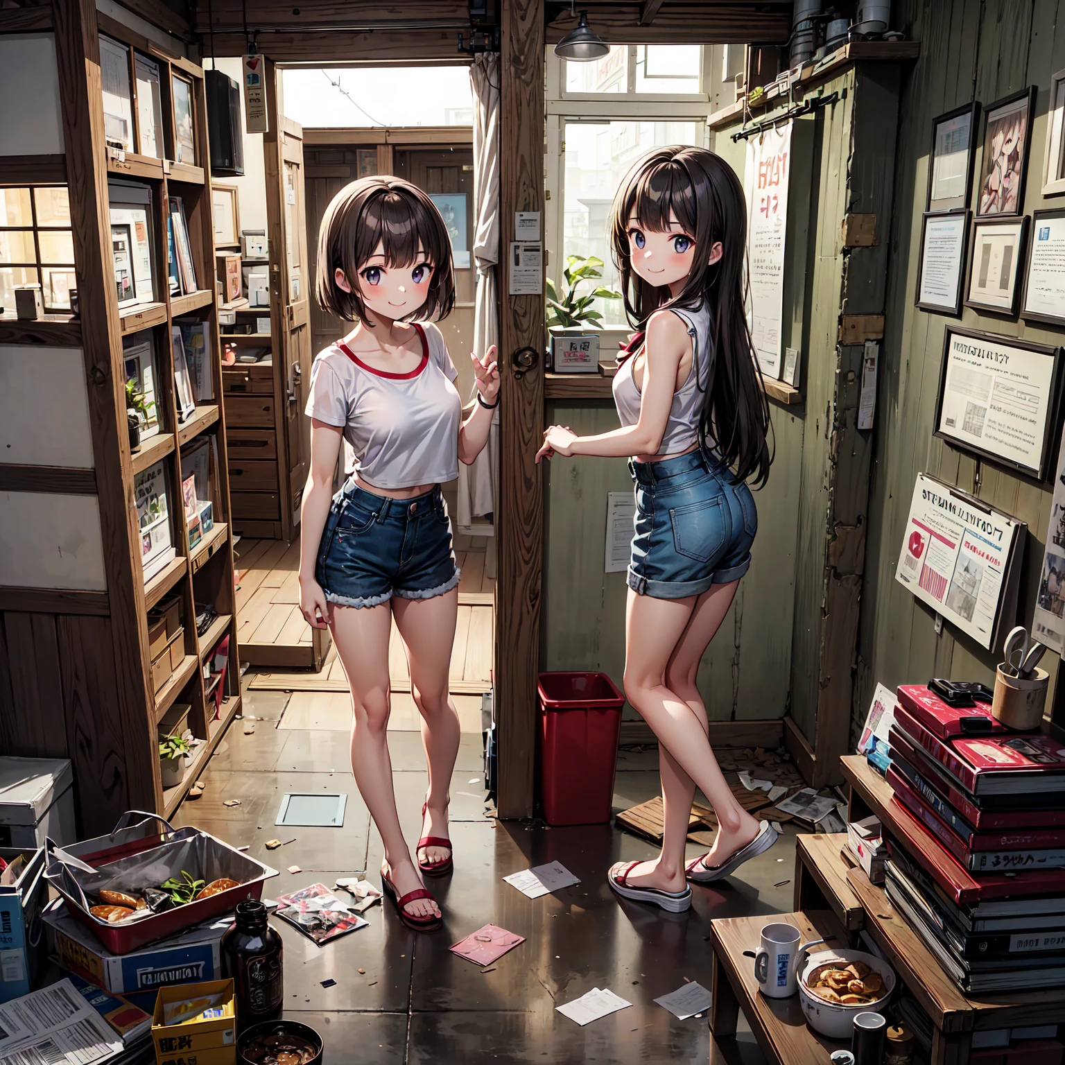 "Create an image split vertically in half, showing Alex and Sofia on opposite sides. They are both in their respective bedrooms, wearing pajamas, and looking down into their shorts with expressions of shock and fright. The vertical dividing line should highlight the difference in environments and the unusual situation." Alex: "A 16-year-old, athletic young man with short, dark brown hair, wearing men's pajamas (short-sleeved t-shirt and shorts). room decorated with sports themes, looking down into her shorts with an expression of shock and fright." Sofia: "A 16-year-old girl, slender, with long light brown hair, wearing women's pajamas (pajama top and shorts) . She is standing on the right side of the image, in a softly decorated room, looking down into her shorts with an expression of shock and fright." Divider: "The image is divided vertically in half, highlighting the difference between the rooms and the unusual situation of the two teenagers switching bodies." "Both characters are dressed in their pajamas, each in their room, with a vertical dividing line between them, looking down their shorts with expressions of shock and fright."