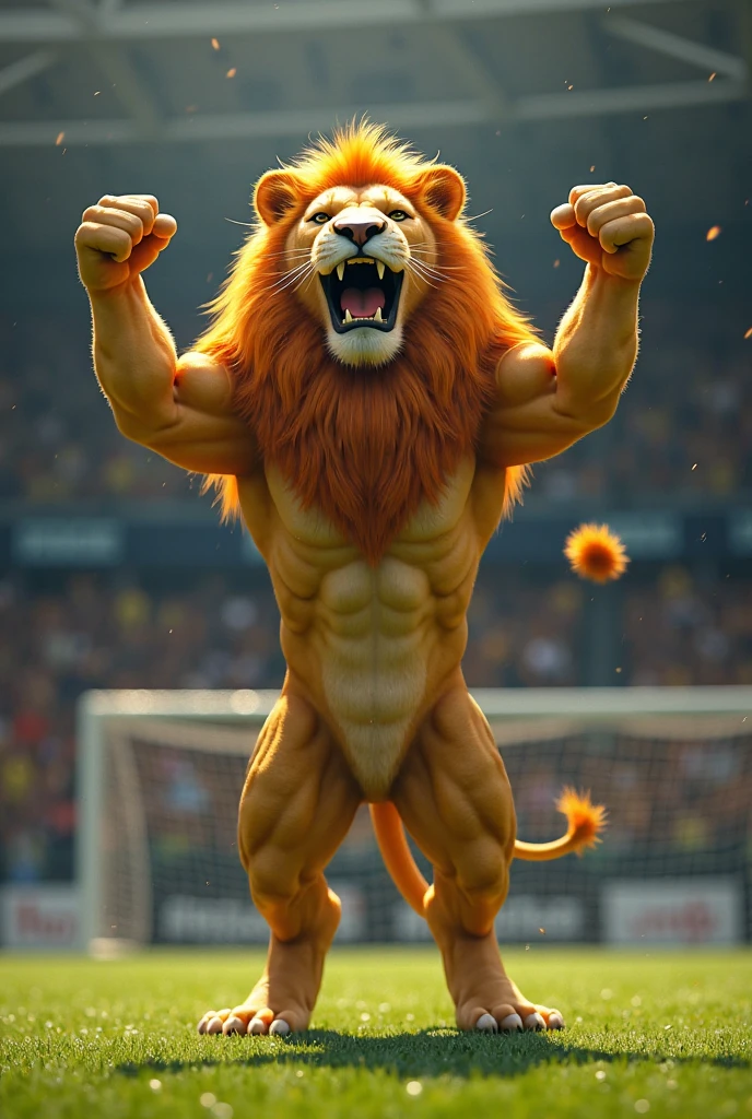A Lion beast. Humanoid body. Playing soccer