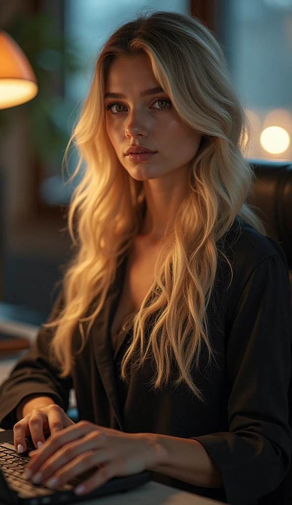 4k, 8k, ultra highres, raw photo in hdr, sharp focus, intricate texture, skin imperfections, realistic, detailed facial features, highly detailed face, posing,dark lighting,night time,((night)),window,moonlit,low lighting,long hair,(blonde hair),standing,full body,dark room
