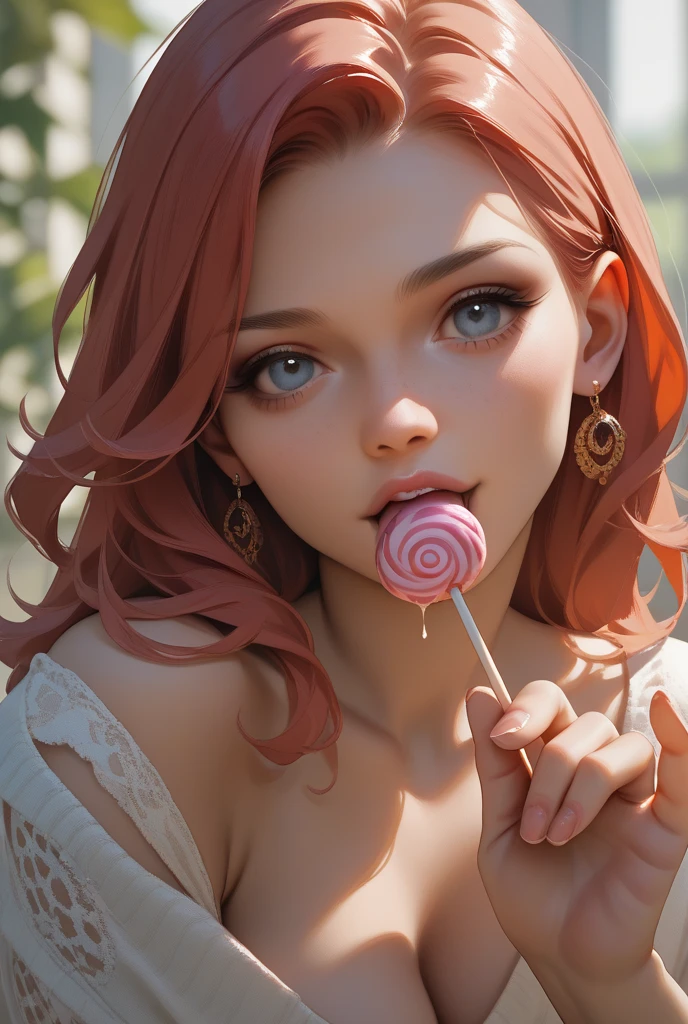 (full body shot:1) photorealistic Anime image of a (laying pose:1) woman, (Anime).,(Oil painting of a woman).,ultrarealistic, photography, long red hair, woman, 24 years old, hourglass figure, perfect body, Flirty look, natural medium breasts, blur background, her wet tongue licking a thick and long rainbow-coloured spiral lollipop, a little bit of saliva is dripping from her tongue, seductive look, long eyelashes, cat-eye make-up