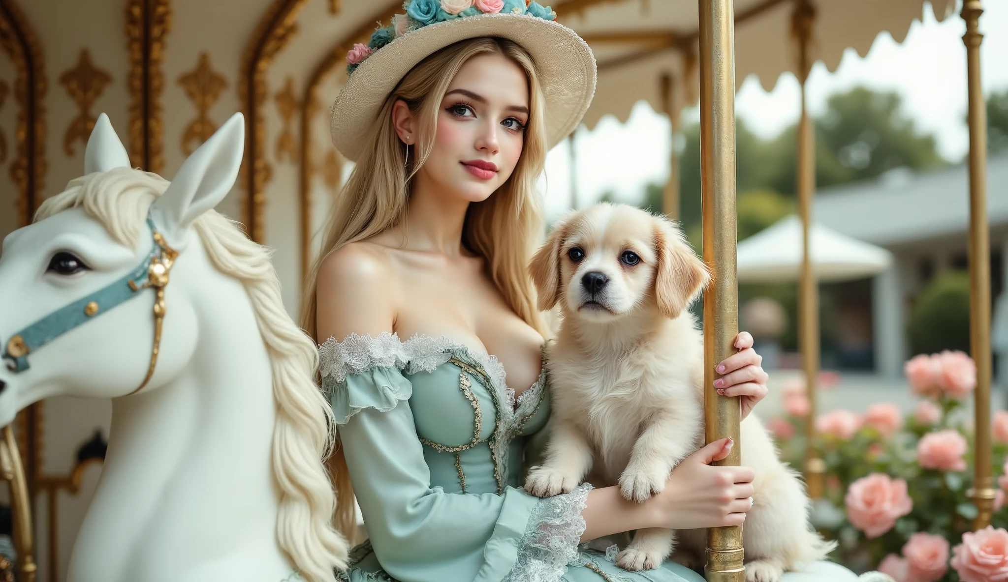 A young woman, 18 years old, with light skin and long, flowing blond hair, wears a light teal, pastel-green, corset-style ball gown with delicate lace accents and shoulder-length sleeves. A light beige/cream-colored hat with pastel blue floral accents adorns her head. Her expression is serene and pleasant, with a gentle smile. She is seated on a white carousel horse, holding onto a golden carousel pole. A small, light beige Cavalier King Charles Spaniel puppy sits beside her on the horse. Soft, natural lighting bathes the scene in a warm, golden hue. The carousel and surrounding architecture are a light gold, reflecting the light beautifully. The rose bushes surrounding the carousel are a soft, pastel pink. The overall style is romantic, dreamy, and fairytale-like. Composition is eye-level, focusing on the woman and her interaction with the carousel and animal. The perspective is slightly low, showcasing the details of the dress and the ornate carousel. The textures of the dress are smooth and flowing, contrasting with the rougher, more traditional carousel horse. The atmosphere is peaceful, joyful, and reminiscent of a romantic fair. Light, natural-looking light filters from behind her and highlights her features. The artistic style is reminiscent of a romantic, soft-focus photo shoot.