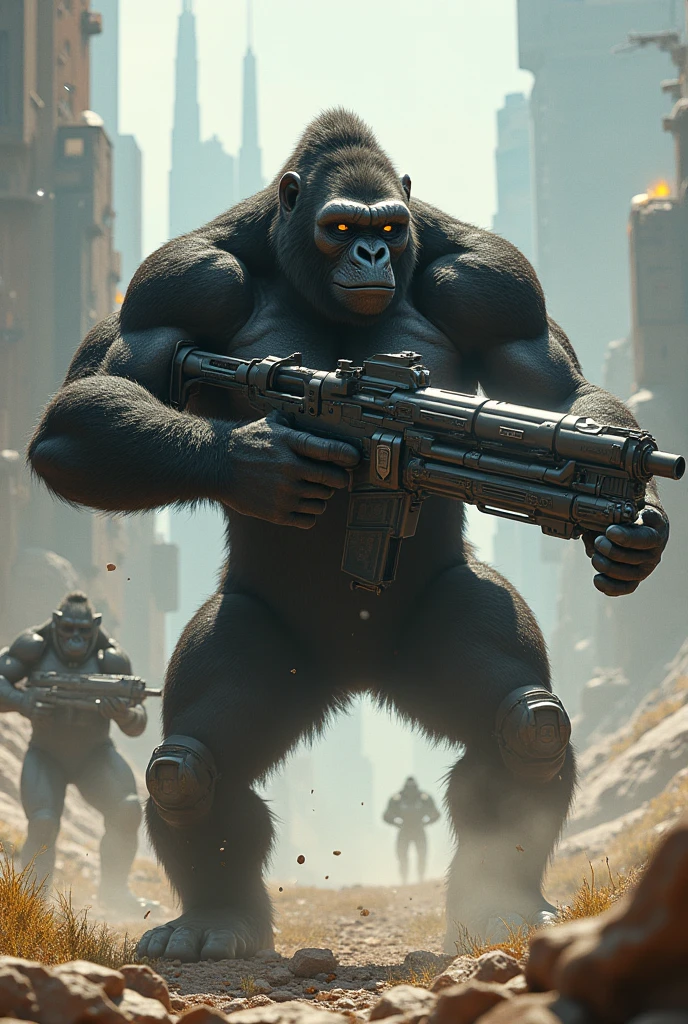 arafed image of a man in a costume walking down a street, planet of the apes, in postapocalypse city, strong ambient occlusion, still from a music video, attractive beefy male with armor, inspired by Fenghua Zhong, clumps of bananas, like gorilla, lens flare. ominous, tactical squads :9 --auto --s2