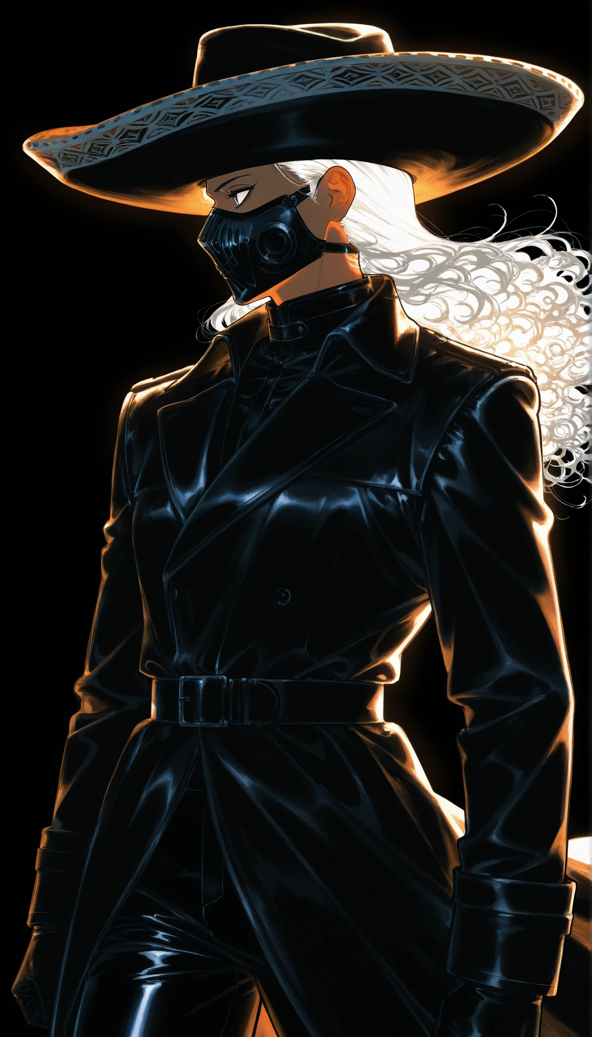 (drawing in white on black),black background,white spots,Abstract,drawing with tempera, Artistic,watercolors,stained,shaded on the background,dramatic lighting,hunter,in black,black victorian hat,cara tapada,profile,Portrait, black leather coat, Long black coat, black leather pants, sombrero de hunter negro, atuendo de hunter, guantes de hunter, pantalones de hunter, mask,