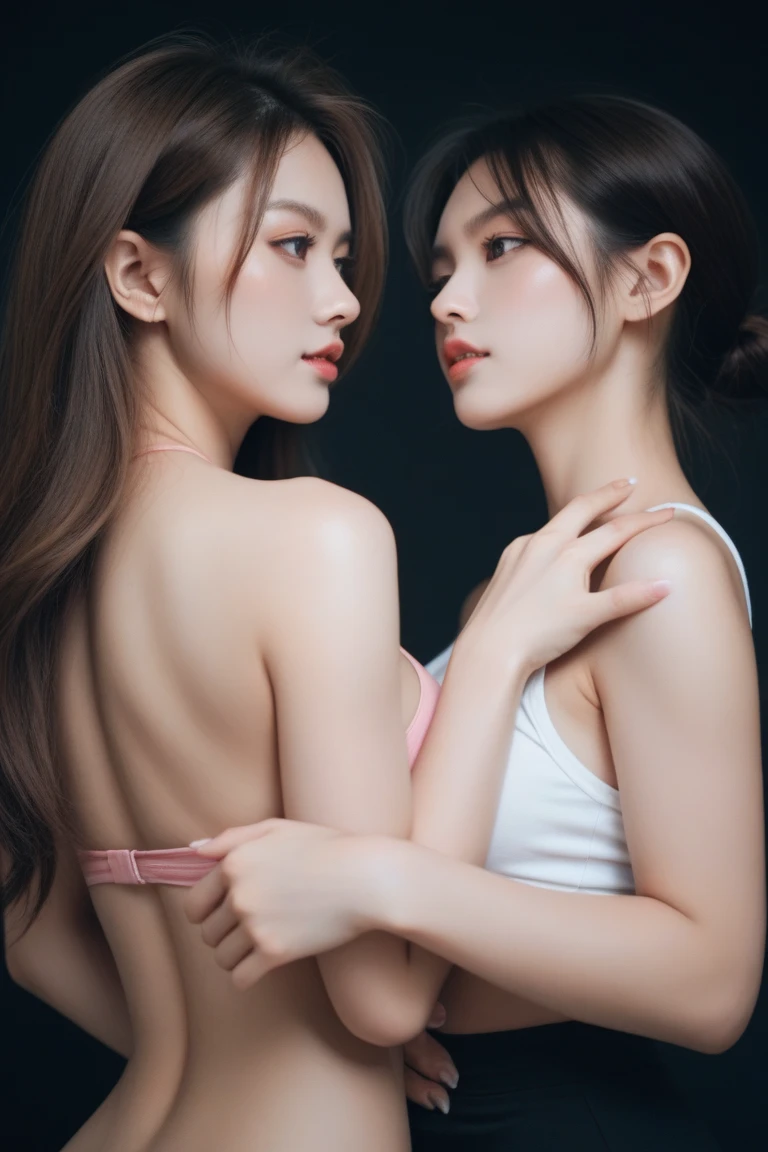 ((masterpiece、No areola、No areola、barechested、Hugging each other naked、Hugging face to face naked、30-years old、Hugging each other's cheeks、Two beautiful girls、A detailed eye、Shorthair with bangs、shorth hair、very long neck、Put your ears out))、big eye、Distinct double eyelids、((top-quality, 超A high resolution、Both of them stare intently at the camera.、Light brown eyes、big eye、Clean collarbone、glowy skin、Glossy skin、Glossy skin、Straighten your back、The face of the golden ratio、a small face)), (Realisticity: 1.4), OriginalPhotographs, 2girls,cinematlic lighting、japanes、Asian Beauty、Korea person、Super beauty、Realistic skin type、(((clean very large breasts、A slender、long neck、Both have long necks、The bodies are facing each other、lipgloss、Highlights in the eyes、thin lips、smiling slightly、Closing mouth and smiling happily、Two people of the same height、Both are 190cm supermodels)))、(A hyper-realistic)、(hight resolution)、(8K picture quality)、(ighly detailed)、(Best Illustration)、(beautifully detailed eyes)、(ultra-detailliert)、A detailed face、looking at viewert、Facing straight ahead、Neat and clean light clothes、sleeve less、short-hair、Black-haired、46-point diagonal bangs、Background is really nothing but pure white background、Really pure white blank background、neat atmosphere、Two people full of neat charm、Smile happily、Two happy people、Thin and transparent underwear、Special notes about each other