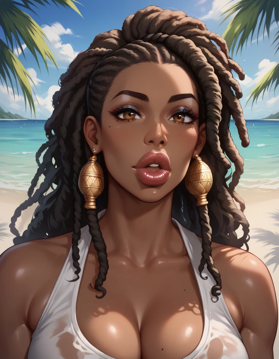 A woman with ebony skin, dark eyes, and long lime green hair with braids, urban clothing styles, wears a pair of glasses in her hair, the environment is a beach, realistic drawing style, focus on the face