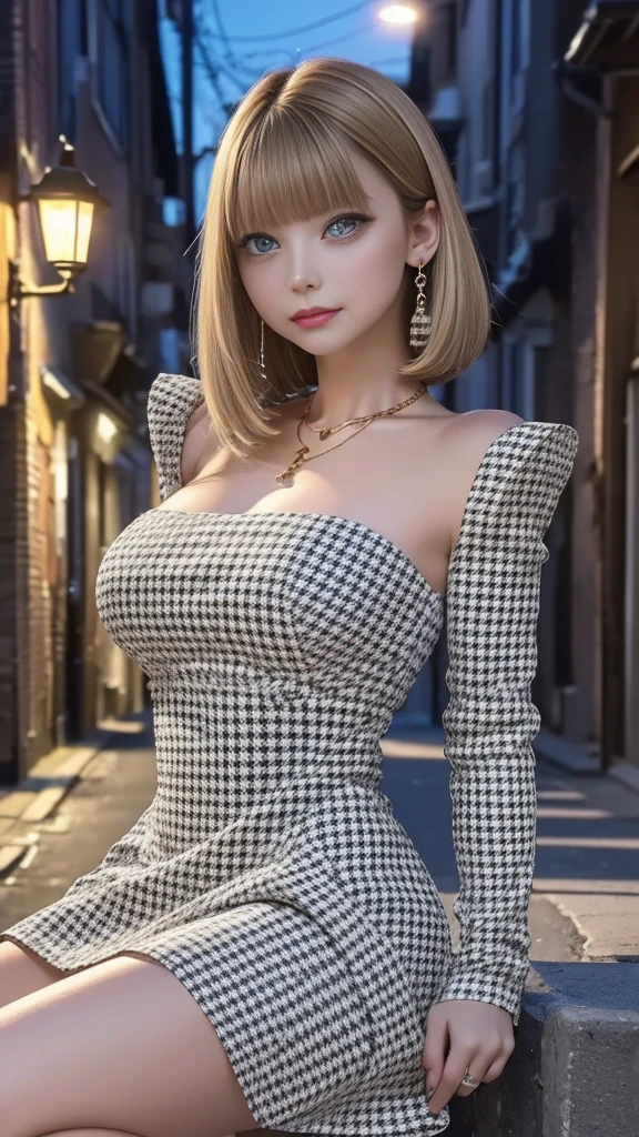 Photo of yvonne strahovski in a stereotypical sophisticated French woman's outfit, she is walking down an empty Paris street after the rain had stopped, solo, blue eyes, reverse bob haircut, shiny skin, large cleavage, smirking at camera, walking with hands behind back, warm atmosphere, photograph, photoshoot, Captured by Panavision Panaflex Platinum Camera with Panavision Primo Primes Spherical Lens 75mm T1.9
