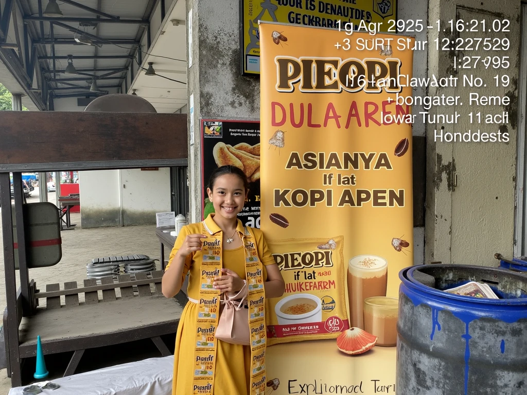 Beautiful Korean woman wearing a hijab, wearing a yellow crop top with the words "Madu Alami SJ MORBEY", right hand holding a long eggplant, at the end of the eggplant there are drops of condensed milk, left hand looking up, white begron
