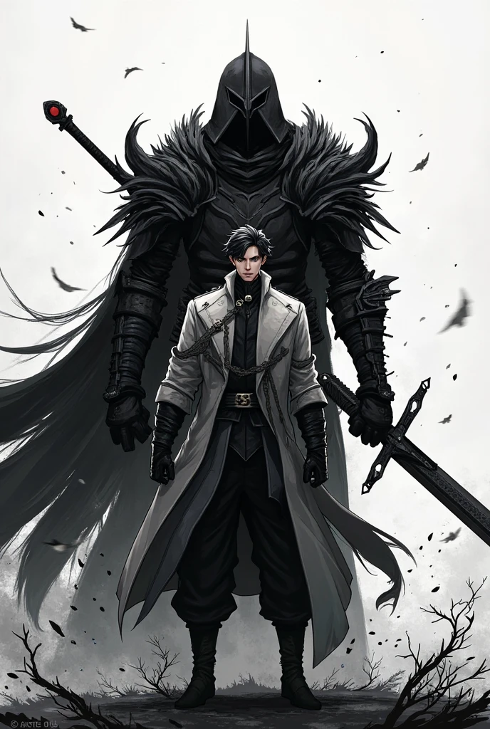 (absurderes, A high resolution, Ultra detailed), 2 males,mirrored image,Side face mature, aged up, Handsome, tall muscular guy, Broad shoulders, Very short hair, Undercut, Black eyes, finely detailed eyes and detailed face, Extremely detailed Cg Unity 8K wallpaper, Intricate details, (Skeleton Undead:0.6), Portrait, (bloody scars:0.7), view the viewer, Solo, Upper body, Dynamic pose, Detailed background, Sinister eyes, Steampunk Demon Hunter, corrupted, Flowing makeup, Dim lighting, Armor made of metal, Long trench coat Medieval gate, Sinister atmosphere, dark fantasy theme, daggers,Pistols Light and Darkness, Floating dark crystals, Decadence, Dark aura, Consume darkness,对称