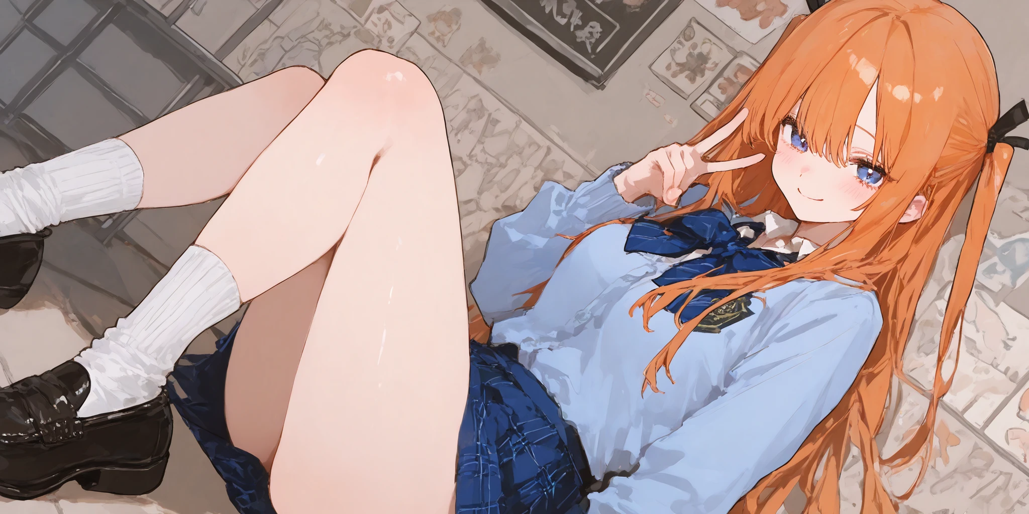 best quality, masterpiece、 748cm style , cute、 8k wallpaper、 masterpiece、latest,one woman 1 person、 alone、orange hair、 blue eyes、 High School Uniform 、light blue uniform 、 [sock、 loafers、 Smile、 cute poster