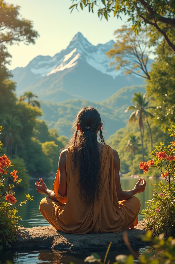 Indian goddess, sitting in meditation, seen from behind, lush green mountain landscape