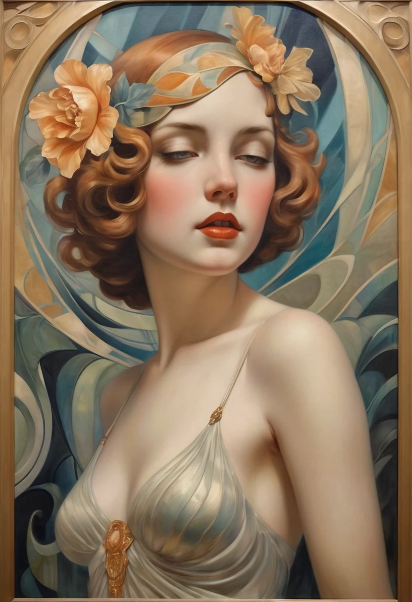 a girl in topless sitting on the floor legs wide open in the style of Gigi Cavenago and Jeffrey Jones and Albert Beck Wenzell and norman rockwell