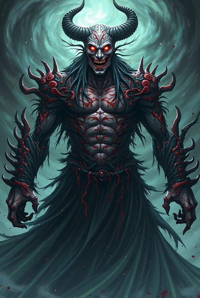A towering, shadowy genderuwo ghost with fiery red eyes, long wild hair, and a tattered robe, stands in a misty, moonlit forest. The surrounding trees were bent and gnarled, and a dim, eerie light illuminated the scene, casting long, dark shadows.