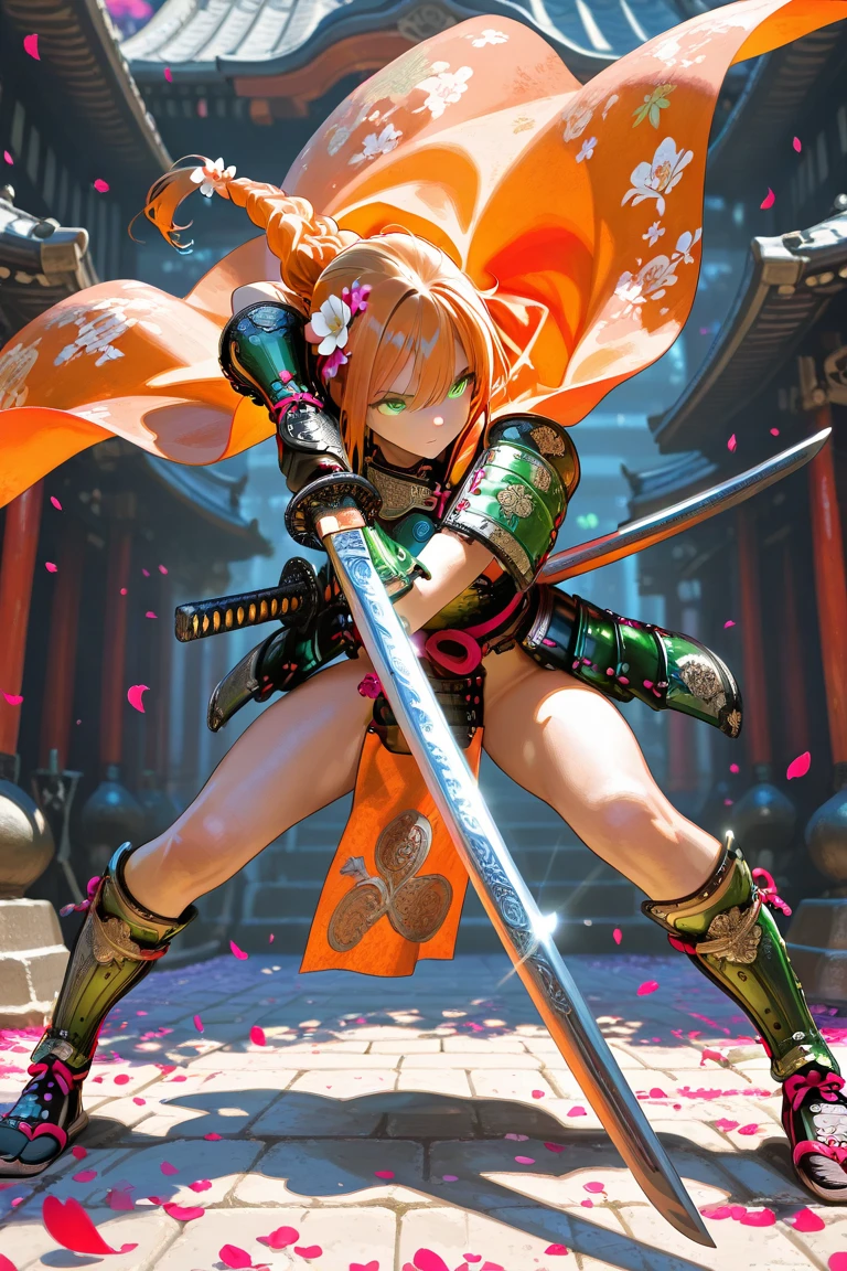 (masterpiece), best quality, perfect face, woman in a futuristic suit posing for a picture, female ninja, perfect hands, perfect fingers, perfect fit, perfect body, cyber japan style armor, cg artist, beautiful female, Kunoichi, game, honkai impact, cool action pose, tower of fantasy, super robot, frame arms girl, draw swords, pink hair, green eyes, battojutsu, full body, detailed background, detailed outfit, unreal engine, octane render, 8k, highest resolution, highly detailed, waifu, samurai, katana, guns