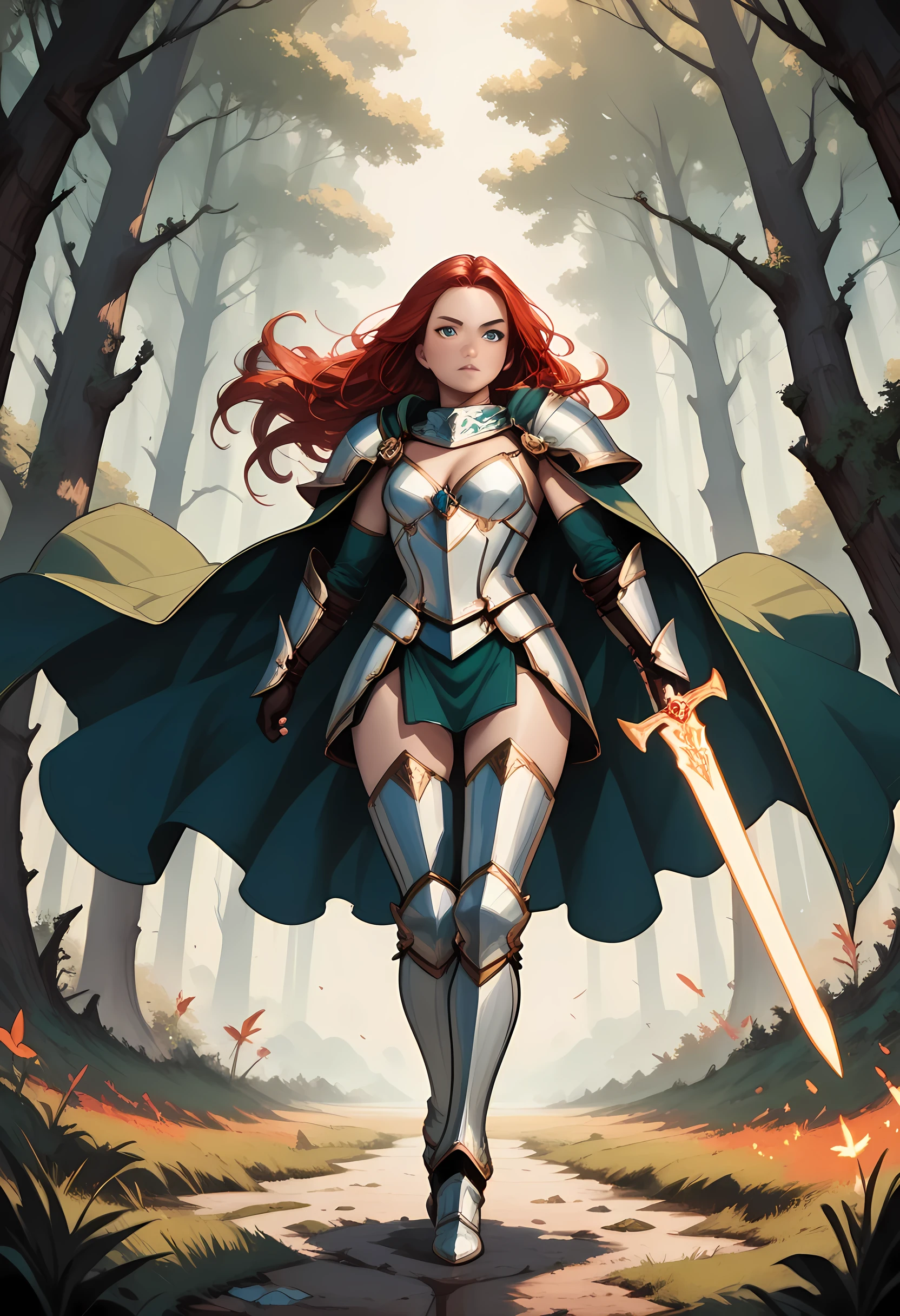 a picture of female human paladin of nature protecting the forest, wearying heavy armor, divine armor, white armor, small cleavage,  flowing cloak, long cloak, green cloak, armed with a sword, glowing sword, wearing a glowing holy symbol, a woman, divine knight, full body, perfect body, ultra detailed face, ultra feminine, pale skin, red hair, long hair, blue eyes, body, intense eyes, fantasy forest background, D&D art, RPG art, magical atmosphere magic-fantasy-forest, ultra best realistic, best details, best quality, 16k, [ultra detailed], masterpiece, best quality, (extremely detailed), ultra wide shot, photorealism, depth of field, hyper realistic painting, fantasy art, realistic art,((best quality)), ((masterpiece)), (detailed), perfect face, Cinematic Shot, Fantasy background, d4f4b, ArmoredDress