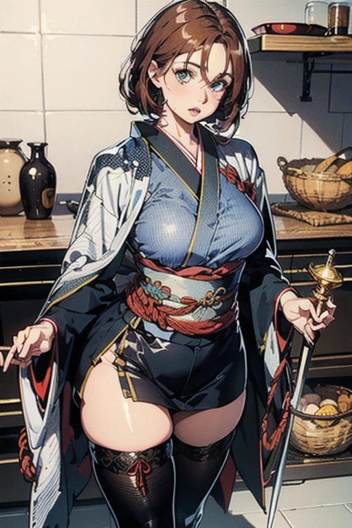 <lora:lingxiang-09:0.8>((extremely realistic shading, masterpiece, extremely detailed, photorealistic))black hair,Red eyesThick lips,Red kimono,Hemp rope at waist,High heeled clogs,black thighhighs, walking rapier