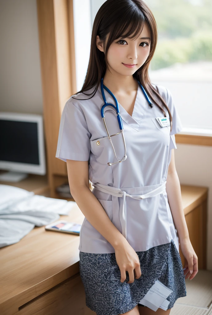 highest quality, Photorealistic, Very detailed, finely, High resolution, 8K Wallpaper, Professional, High level of detail, ((One 18 year old girl:1.2)), Slender Japanese women,Pretty lips, (Long eyelashes:1.2)、Detailed clavicle, Perfect Face, (Cute short bob hair:1.5),Top Quality，Ultra-clear resolution，Clear Eyes，Sunburned skin，Perfect breasts，have perfect legs，Focus on the legini skirt、(white nurse uniform:1.5)、Sexy pose in hospital room、