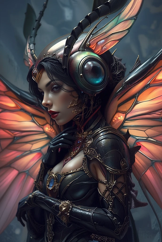 tarot card, chiaroscuro technique on sensual illustration of an queen of sword, a teenage fashion model wearing an exo-skeleton mask, vibrant colors, futuristic cyberpunk style, intricate details, cinematic lighting, dramatic pose, an elegant complex bio mechanical onyx and gold, intricate details