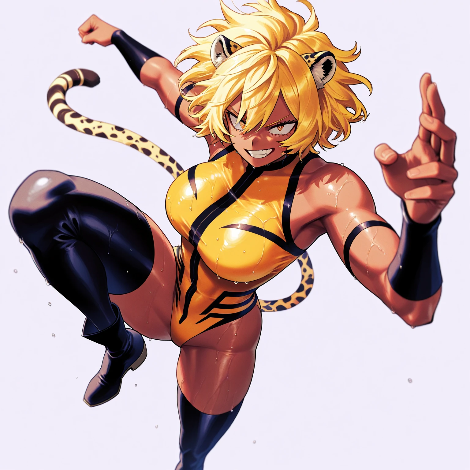 (black background) (black gyaru darkest skin) (pointy ears) (tiger tail) Princess Nina wearing yellowish tiger print bikini, hands on hips, full body kneeling, golden = (shackles wristbands, chains, bracers, handcuffs) leather collar choker, metal sandals, big knockers, happy closed mouth red cheeks