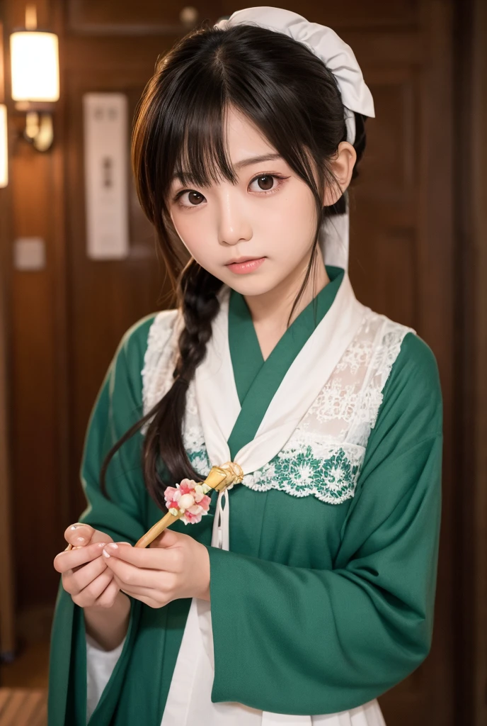 masterpiece, best quality, highres, 1girl hair ribbon hair ornament, hanfu green shirt wide sleeves red skirt long skirt <lora:maomao_manga:1> photorealistic, sitting