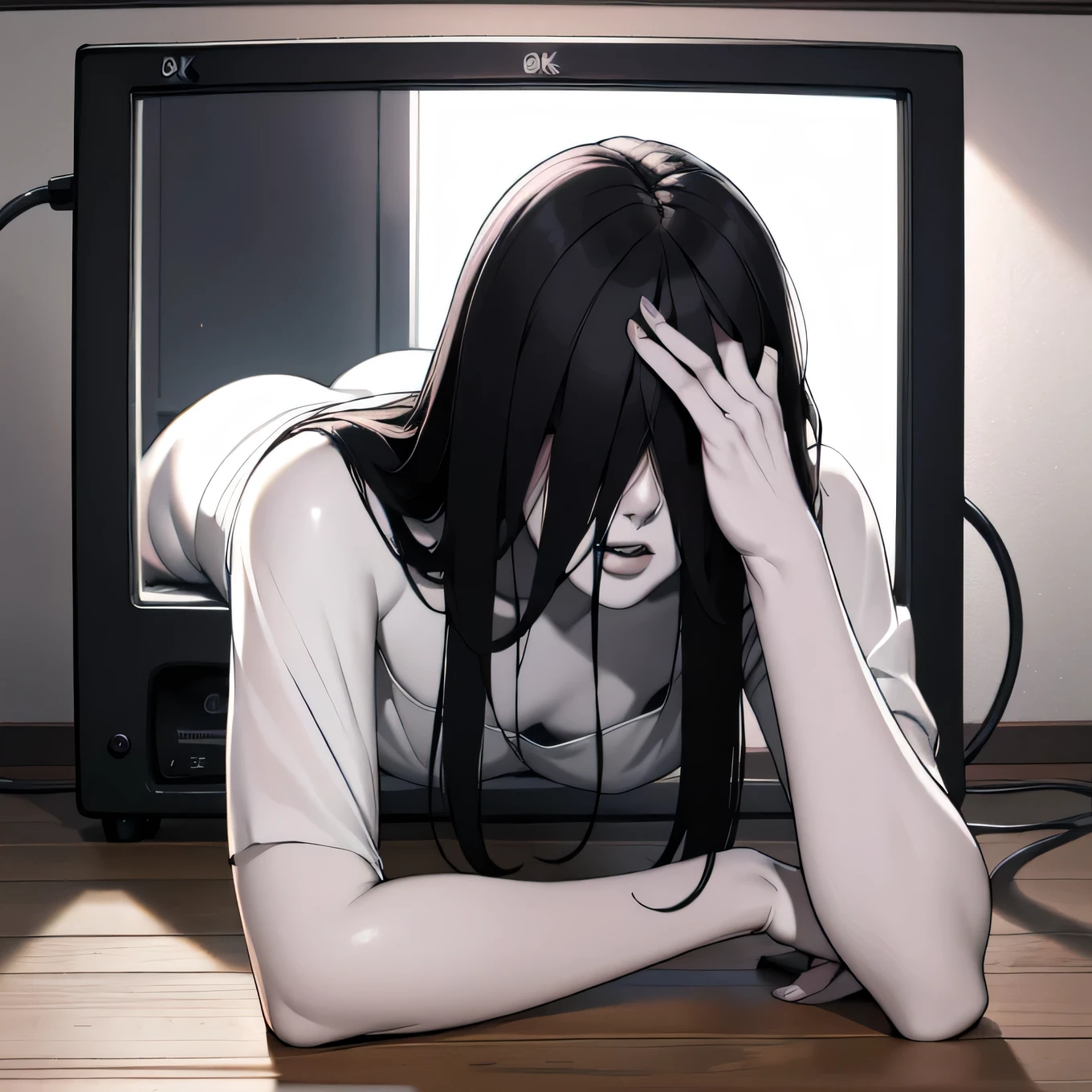 (masterpiece:1.3), (8k, realistic, RAW photos, top quality: 1.4), (Sadako), ((Black hair covers my eyes:1.3)), (realistic Face), BEAUTIFUL DETAILS, (realistic Skin), beautiful skin, (delicate body), ((pale skin:1.4)), (( small )), ((small blests)), absurd, charm, super high resolution , super real, very detailed, golden ratio, ((It crawls out of cathode-ray tube television)), dark tatami room, (steam:1.0)