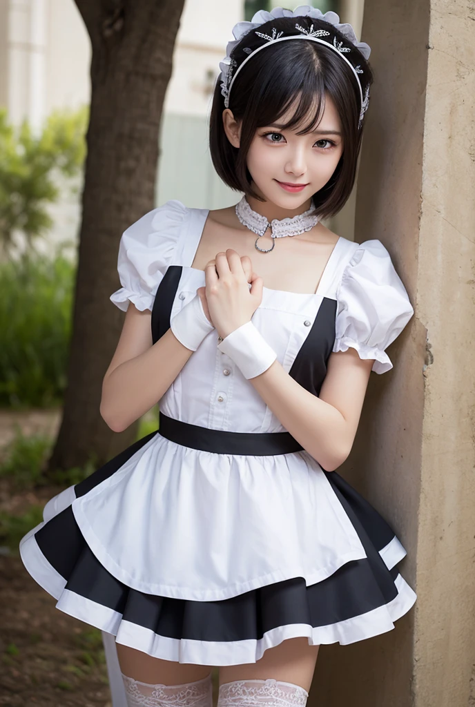 ((best quality)) (( detail face )) ((realistic))((uncensored )) ((perfect face)) A girl. Black short hair. Cat ears. cosplay. white skirt. Cat tail. cat cosplay. Cute pose 