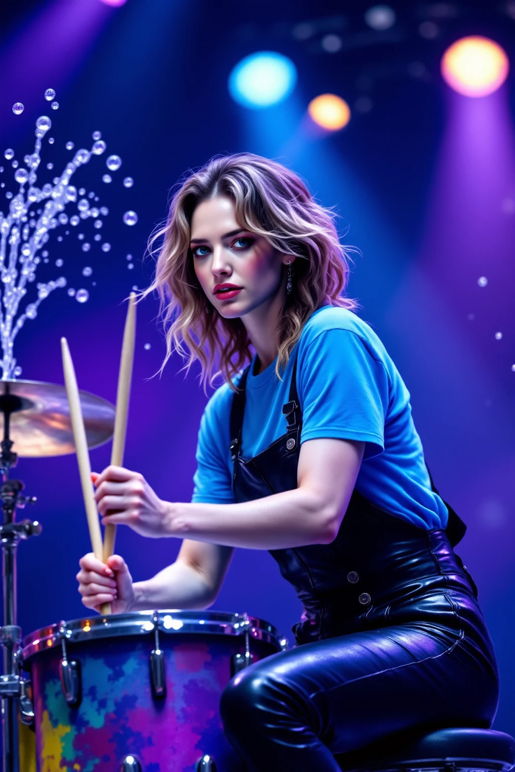 Actress Scarlett Johansson aged 30, playing drums