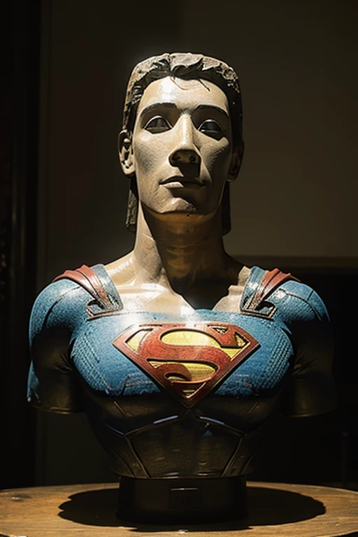 Statue in white marble of bust of spiderman in museum. marvel comics, dark atmosphere, Hoher Kontrast von Licht und Schatten, Professionelle Fotografie, utrarealista, Leichtes Volumetrisch, Filmisch