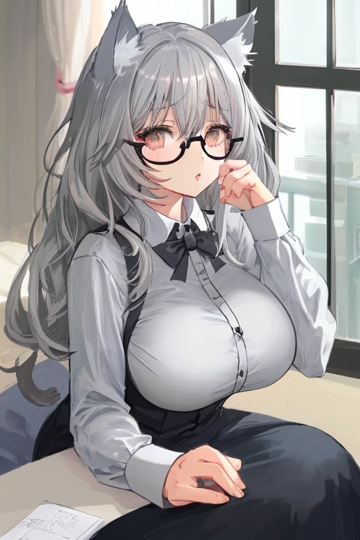 (highest quality, 8k, 32k, masterpiece, Ultra-high resolution:1.3), (Attractive Japanese women photos), ((1 girl)), ((Mid-chest:1.3)), Abdominal muscles, Perfect body, Highly detailed face, Detailed lips, Beautiful Eyes, double eyelid, ((Mature Woman)) Sexy Girls, beautiful girl, Incredible beauty, (Silver long hair:1.2)), office lady, ((Intricate white sweater:1.3)), ((Get closer to the face)), Smiling beautifully, The sunlight illuminated her beautiful face., Grey blazer, Early morning changing room, Wear glasses, Arms crossed, ((Black blazer)),
