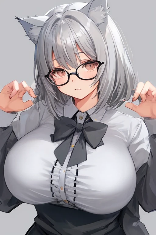 Girl with white hair, cat ears, black glasses, blushing extremely, she has put on a bra if her breasts are small, grabbing her breasts, a black skirt, a cat tail with black stockings on the bed