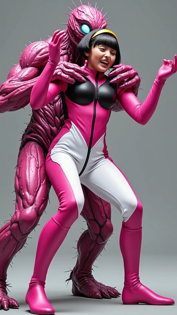 (((highest quality, High resolution, nffsw, perfect pixel, 4K, nffsw, nffsw, 8K wall paper))), 1 girl, single, alone, ((Beautiful woman)), I could see the whole body, ((Three-dimensional helmet:1.3)), ((helmet is blue:1.3)), (((blue helmet))), (((Full face helmet with no exposed face and head hair))), ((Thick and intricate lines drawn on the chest:1.2)), Lines on the sides of the suit, a belt, (((blue suit:1.2, blue gloves, white pants:1.3, blue footwear:1.3, blue boots, miniskirt))), ((smooth texture:1.3, realistic texture:1.3, realistic:1.3, nvidia high quality)),((G cup large breasts)), (((big breasty whole body is sweaty))), perfect body, lean forward greatly, shot from below, (((spread legs))), ((multiple hands emerging from behind her)), (((hands of mechanical monsters are touching her crotch:1.5))), (((multiple hands:1.3))), (((hands of machine monsters are touching her lower body:1.5))), tentacles:1.3, ((tentacle sex)), tentacle are winding her body, (((torn suit))), torn skirt, (((hands tear her suit))), (((machine tentacles come out from inside her skirt:1.3))), (((dripping sticky milk from crotch:1.3))), ((tentacles come out of her suit)), ((tentacles parasite)), ((Tentacles grow from her suit)), (((tentacle clothes:1.5))), tentacle dress, tentacle costume, (((tentacle pit))), ((pregnant woman)), sex, Leaning back, suffer, Panting, Brutal rape, Humiliation, Humiliation, Submission, (((Anatomically correct))), ((raised both arms)), full body, outdoor, jungle, forests, swamp, darkness