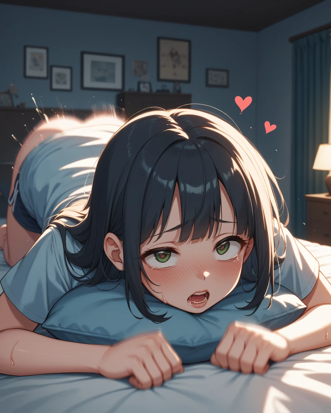 master piece、Highest image quality、highest quality、Loli、((embarrassed expression:1.3))、(shy face)、(not wearing clothes)、naked、lie down in bed、forced to spread legs、slender body shape、small nipples、((Lustrous hair))、ample breasts
