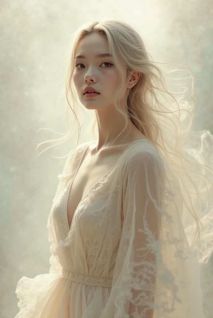 (Highly detailed body,Highly detailed face,Best quality at best:1.2) ,A woman who is,tiny mouth,(Dandelions flutter in the wind in the background),HD photo effects,Artistic photos,lacy white dress,Long black hair,Long hair to the waist,beautiful face,No bra,