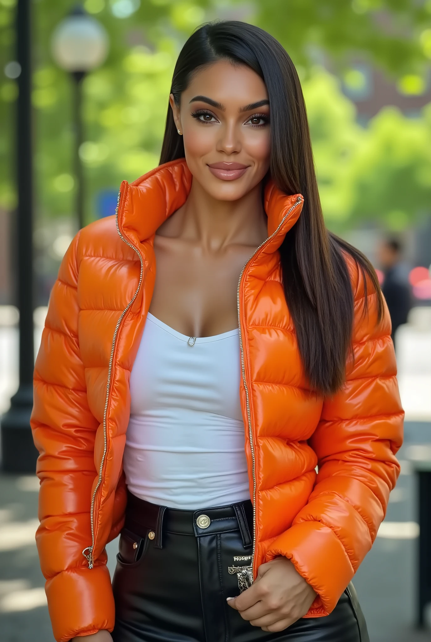 Foto hiperrealista en primer plano de Valentina Maceri, masterpiece, best quality, (photorealistic:1.4), (shiny orange cropped PUFFER JACKET over white tank top:1.1), (leather jeans:1.2) heels, in the New York Central Park, sunny day, cinematic light, beautiful woman, skinny, brown eyes, straight brown hair, detailed face, smile, facing the camera, photo taken from a distance,