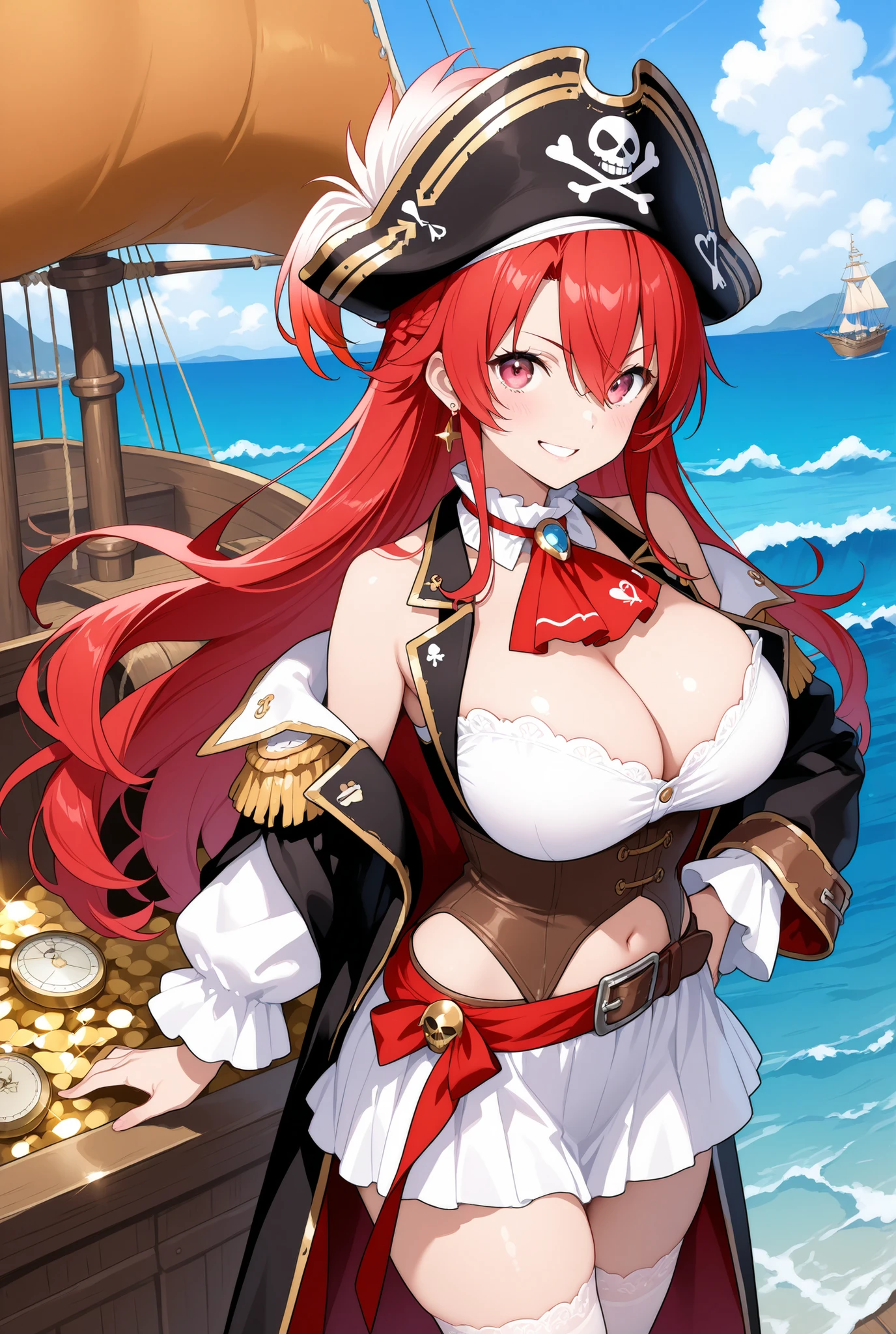 masterpiece、Highest quality、Tall、super detailed illustration、anime style、Pirate Ship、waves surging、Big breasts、Pirate Costume、long red hair、Treasure Map、compass