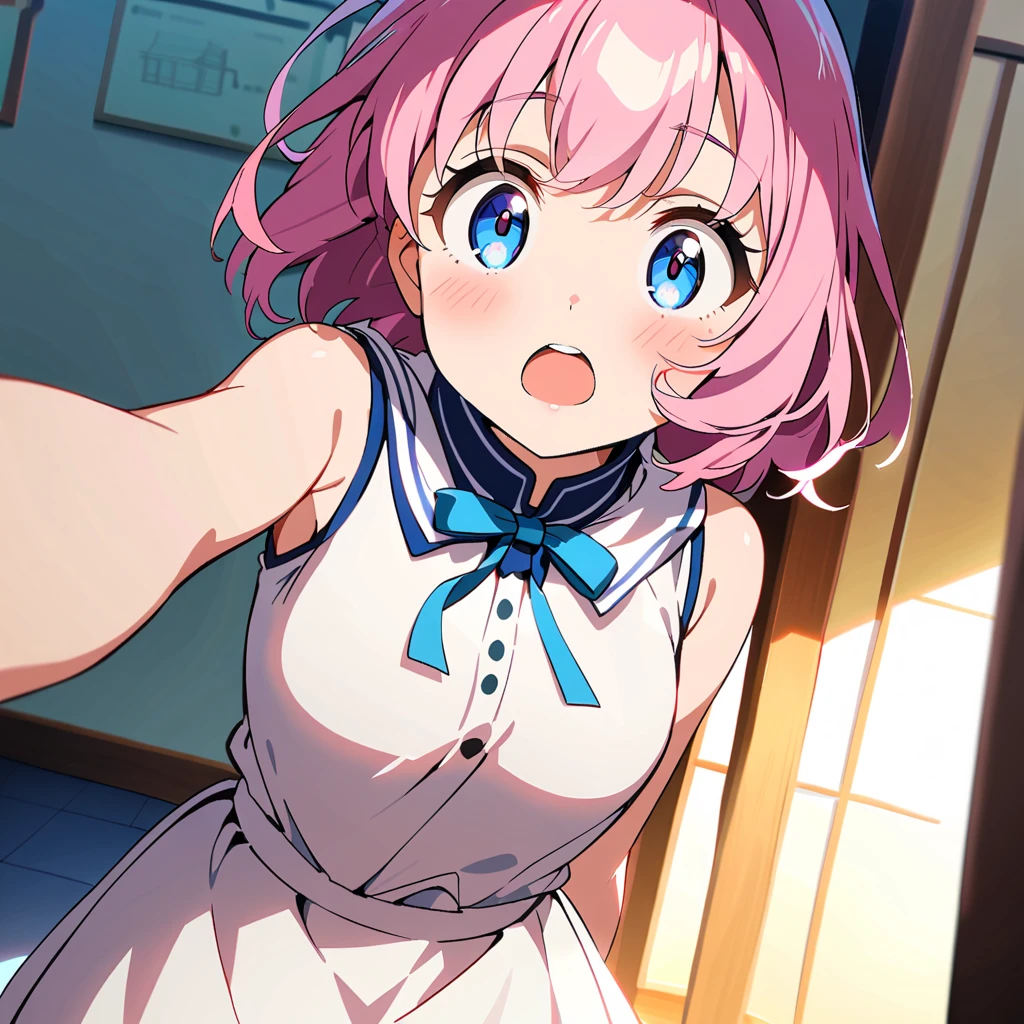 One girl、Standing on a wooden stage、Taking off a white shirt、Light blue bra、Wearing a dark blue pleated skirt、Dark pink hair、Feeling embarrassed、blue eyes、looking at the camera、Bob Hair