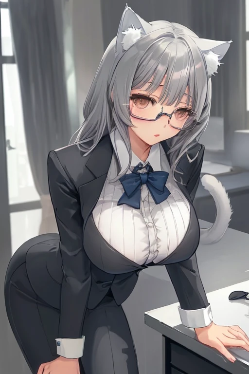 ((exceptional quality)), ((masterpiece)), (detailed), perfect face, perfect eyes, perfect proportions, white hair, white cat ears, white cat tail, gigantic breasts, thick thighs, red eyes, smirking, hair tied into high ponytail, short sleeve crop top shirt, cleavage visible, black latex skirt, leaning forward slightly, hands resting on desk, contract on desk, office background