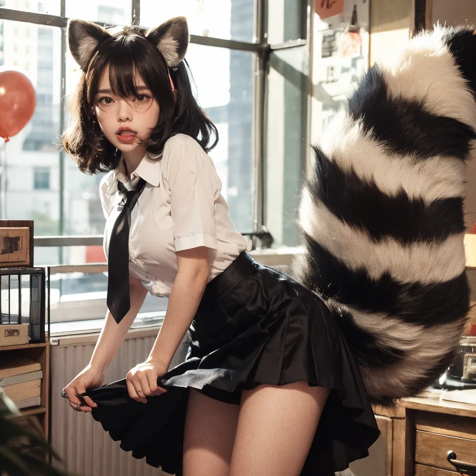 Girl with a furry tail ,赤狐のようなtail, tail, collared shirt,table top, 最high quality, figure, Ultra-detailed, finedetail, High resolution, 8k wallpaper, 完璧なダイナミックな構figure, Beautiful detailed eyes,Full body shot,Show me your whole body、thin and transparent、long hair, ,Troubled face,Harajuku、20 year old girl、eyeliner、beautiful bangs、hair between eyes、最high quality、ultra-detailliert、film light、tail、High resolution、ighly detailed))、detailed background、8KUHD、Digital single-lens reflex camera、soft light、high quality、film grain、Fujifilm XT3 、shallow depth of field、natural soft light、Kamimei、I looked at my knees., sexy shot looking at camera、on the leg、Full body shot facing the camera、Turn around and touch the tail that grows from your butt.、(The tail is pushing up the miniskirt:1.9)、(small breasts:1.9), (Thick and bushy red fox tail:1.9)、(A tail extends from the coccyx:1.9)、(Stick your butt out towards the camera and show off the tail that grows out of your butt.:1.9)