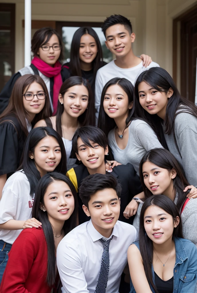8 girls one with big nose ugly and one girl with fat cheeks looks like indonesian one girl with small glasses and tiny face and one girl with big glasses holding a laptop and one girl with dirty clothes looking like a beggar and one girl with a large big hair bun and the boy wearing a black hoodie and a girl girl wearing same black hoodie ultra realistic