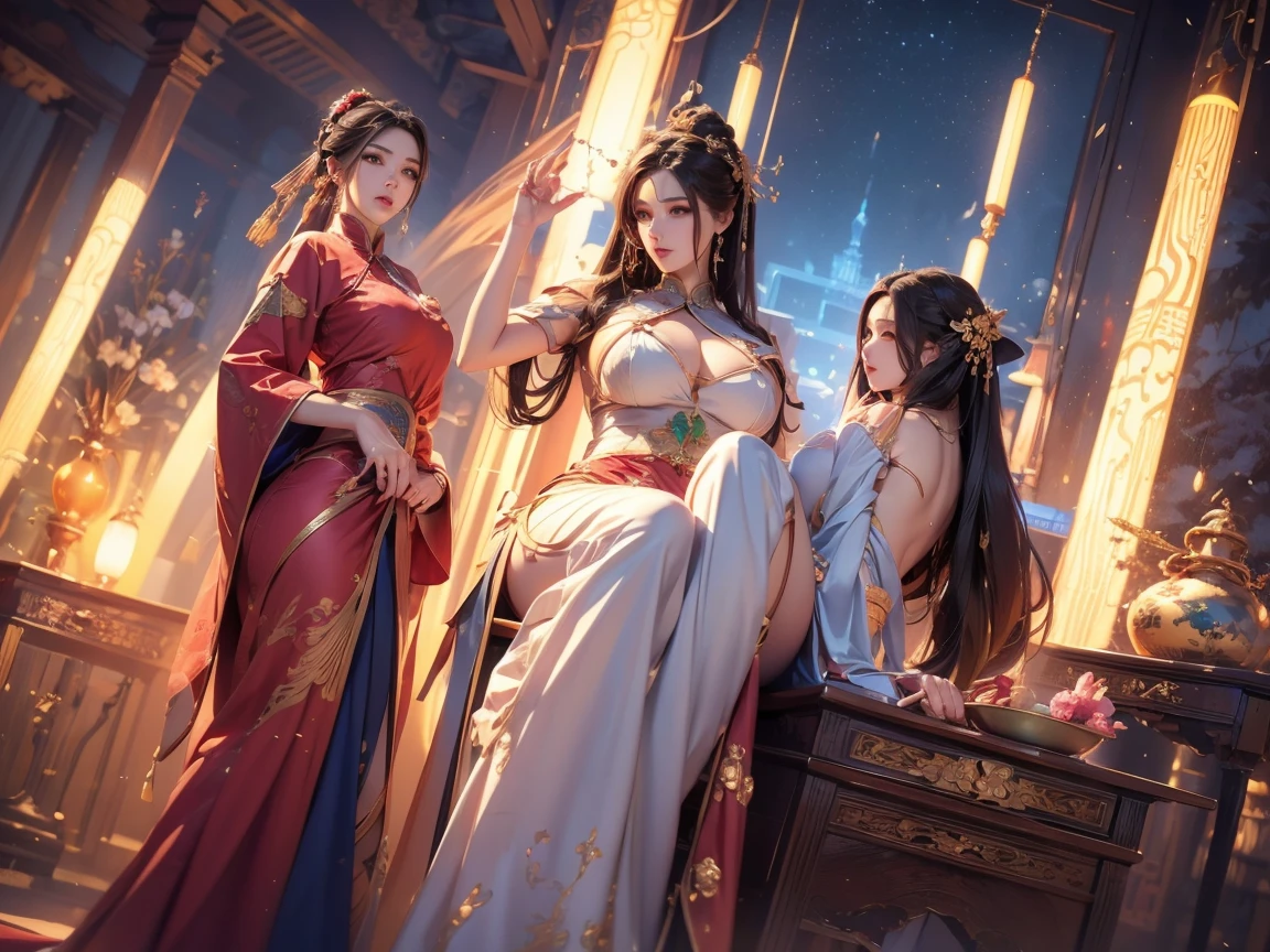 best quality, masterpiece, highres, 3 noble girls, girls trapped, helpless, shock face expression, angry face expression, lesbians, making out, kissing, intimate, seductive, snapping, shot from behind, kneeling, asian style, hanfu, white and even teeth, irises, full body shot, shot from behind, chinese women's clothing, chinese traditional dress, long dress, different colors, wearing a nightgown thin lace deep slit chest, chinese underwear, stockings, wearing stockings, all wearing stockings, lace stockings, mesh stockings with hooks on underwear, garter belt, high heels, high overknee boots, wearing high leather boots, high latex boots, corsait, turtleneck polo lace top, choker, leash, BDSM, chains, chained, long gloves, makeup, eyes with very sharp and detailed makeup, lipstick, very long hair, ponytail, hair ornaments, necklace, jewelry, crown jewelry, Pretty face, magic import style, tyndall effect, photo realistic, border light, two tone light, (high detail skin: 1.2), 8k uhd, dslr , soft light, high quality, volumetric light, candid, Photo , high resolution, 4k, 8k, Bokeh, In the Dark: 1.6), surreal full body of women by David Hockney and Alphonse Mucha, fantasy art, photorealism, dynamic lighting, station art, posters, volumetric lighting, highly detailed faces , super 8k, Awarded, in the dark, deep shadow, low light, bust, Royal style family, Best face, Very round and tight breasts, Surreal, guweiz, (full body), (Background detail 1.8), woman in a giant octopus hammock, monster's den background, hands in tentacles, hands covered with tentacles, Tentacles, wrapped in tentacles, covered with tentacles, gross tentacles, discusting tentacles, covered in slime, sweating, around the tentacles, some tentacles are touching her, tentacles, tentacle monsters, tentacles, slime, hybridization, mating, snapping, damp black translucent mucus, squirming tentacles, sucking tentacle, eating tentacle, sucks octopus tentacle