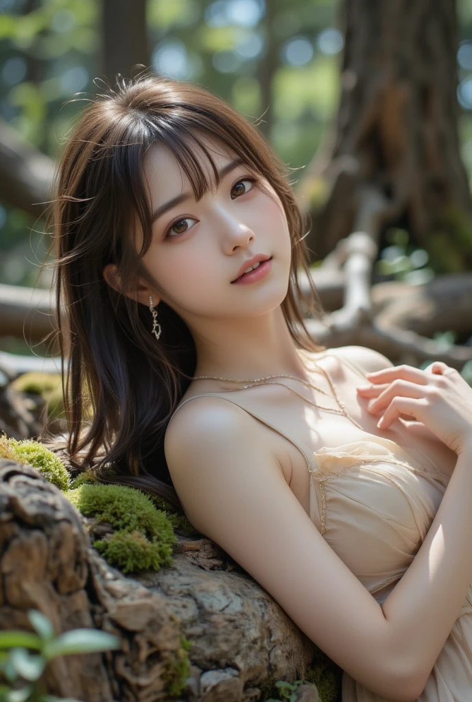 best quality, high resolution, extremely detailed photography, (photorealistic), upper body shot, professional lighting, ((a girl, solo)), beautiful detailed face and eyes, Euphoria, Wearing Maxi dress, in Enchanted forest