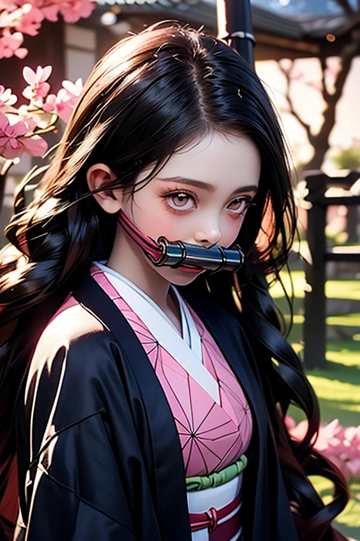 Close-up of a woman holding a 10cm piece of bamboo in her mouth, nezuko-chan, nezuko, Super villain IU Lee Ji-eun, Live-action movie stills, Black Pink's Jisoo, BLACKPINK's Jisoo, Korean symmetrical face, A scene from a live-action movie, blackpink jisoo portrait, Behind her is an ornate Korean polearm.