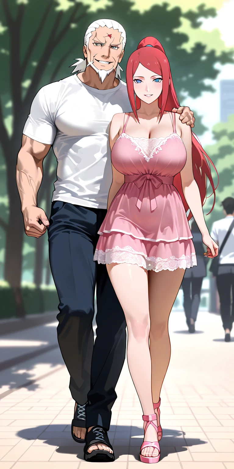blond haired man, tan skinned man, (slim woman:1.7), naked, standing, Red hair, 2 people, smiling